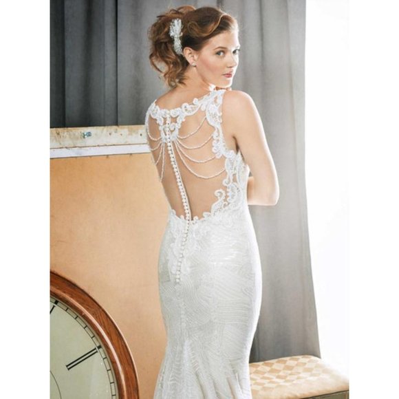 Kenneth Winston New BLING Wedding Dress, Light Gold, SEQUINS, Illusion Fit&Flare - Picture 2 of 13